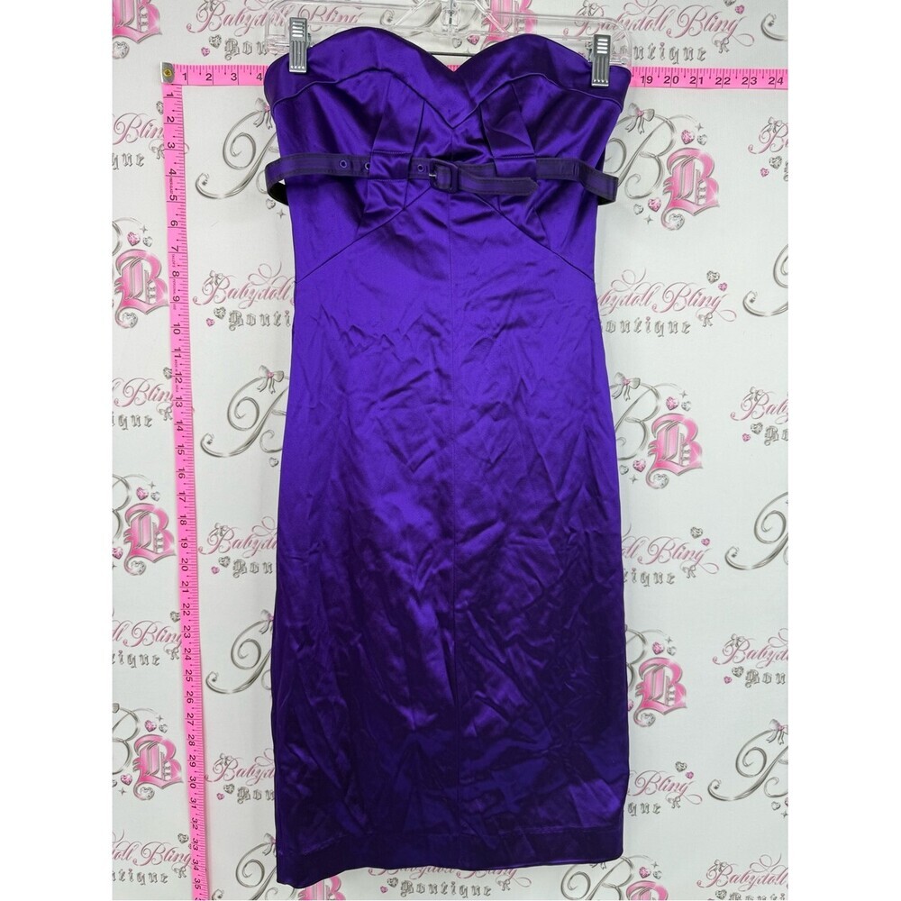 Bebe dress shiny belted y2k Strapless Purple Satin Sheath Dress with Belt